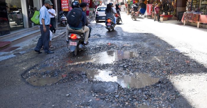 The pothole seen in the entrance of Thamel on Thursday. As 3 more days are left to end the ultimatium given by the Prime Minister to the concerned officials to repair the roads of the Kathmandu.  Photo-Dipendra Rokka/Republica/Nagarik.