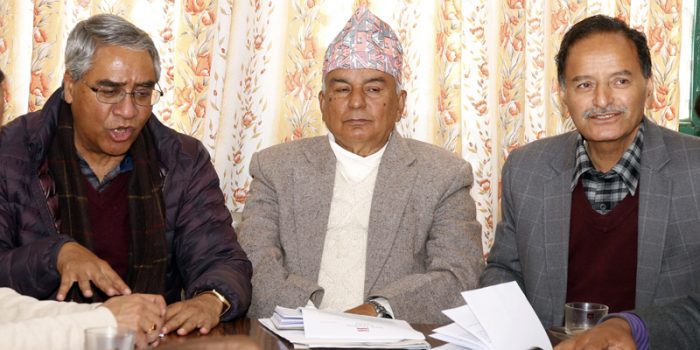 (From left) Nepali Congress senior leader Sher Bahadur Deuba, acting President Ram Chandra Paudel and General Secretary Krishna Prasad Sitaula at a party meeting, in Kathmandu, on Sunday, February 14, 2016. Photo: RSS