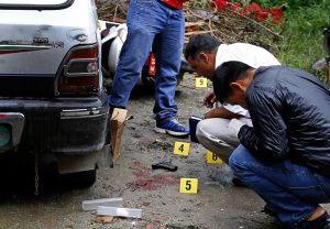 Nepal Police forensic team investigating the crime scene where Kumar Shrestha, aka Ghainte (inset), was shot dead, in Samakhushi, Kathmandu, on Thursday. Photo: THT